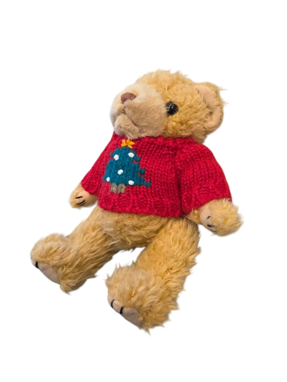 Vintage Jointed Plush Teddy Bear Stuffed Animal Wearing Christmas Sweater Beige